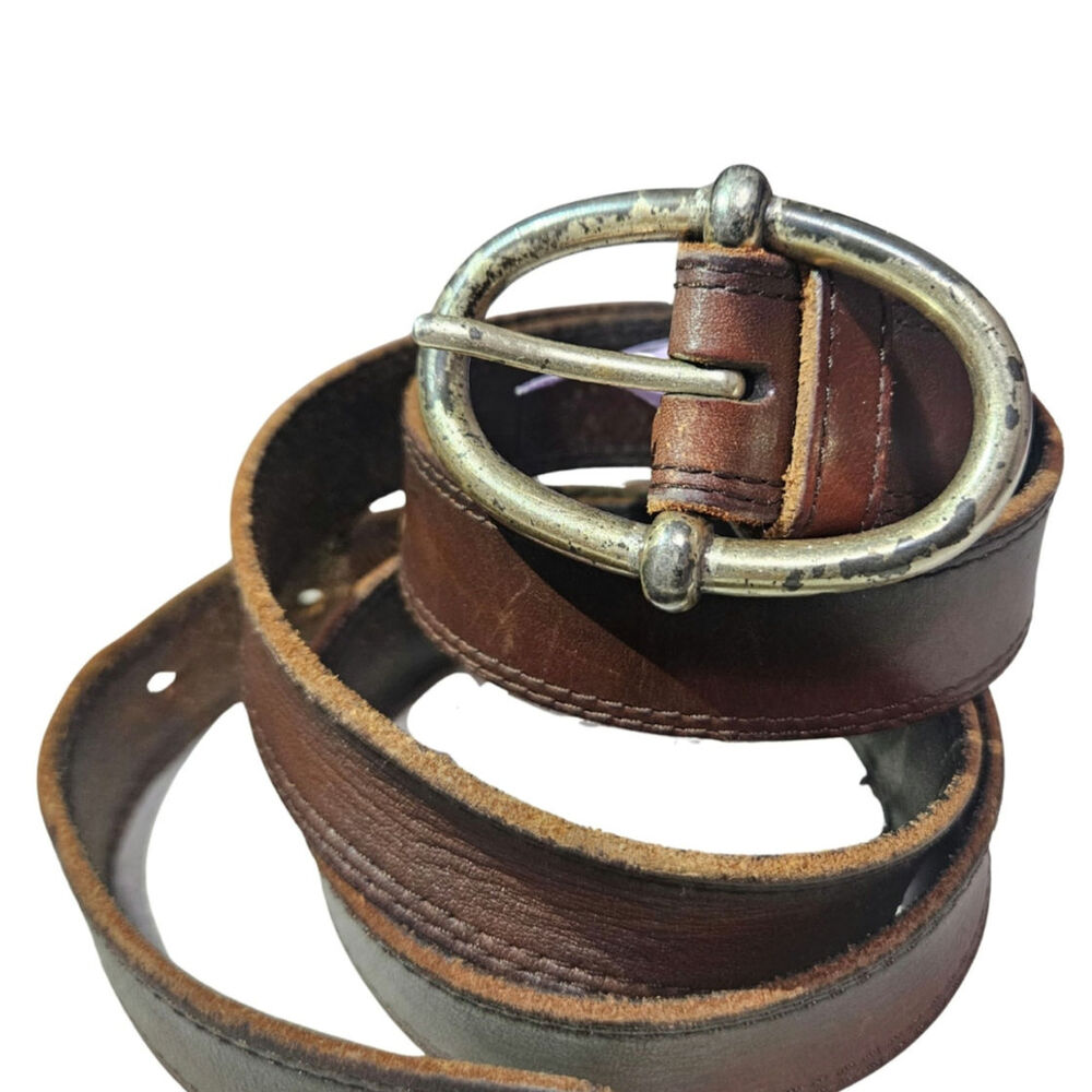 1990s Unisex Brown Leather Belt Oval Pull Through Belt Buckle Fair Condition 40"